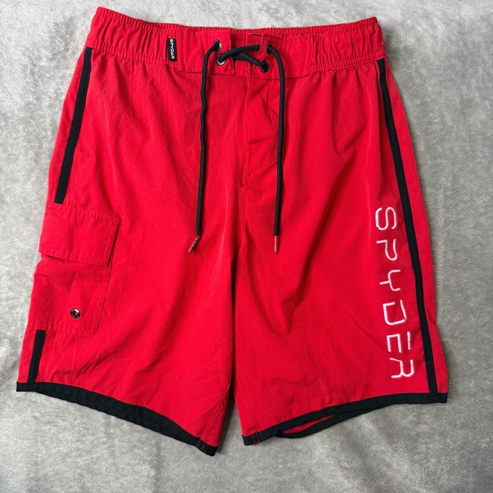 Spyder Swim Trunks Mens S Red Black Logo UV Protection Board Shorts 9" Cargo